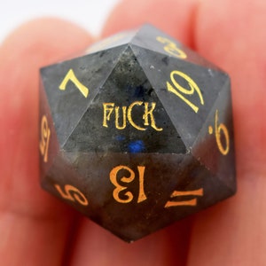 クリアランスセール - ダークラブラドライト F*CK YEET D20 ダイス 1 個 - クリティカル失敗ダイス - D20 ダイス - ダンジョンズ アンド ドラゴンズ - dnd ダイス - 刻印入り宝石 D20 画像 2