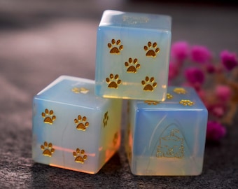 Opalite Pips d6 dice-DnD D and D Dice Set-Cat Paw D6-Engraved D6-dungeons and dragons-Engraved Gemstone dice for rpg-Funny Cat D6 Dice