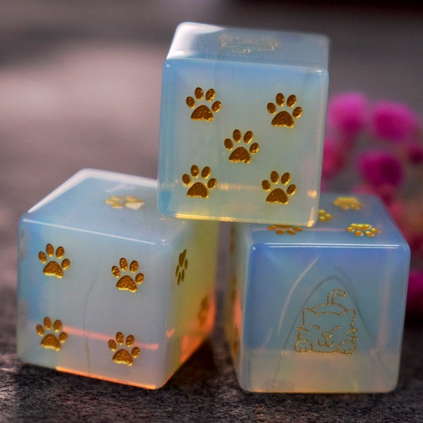 Opalite Pips d6 dice-DnD D and D Dice Set-Cat Paw D6-Engraved D6-dungeons and dragons-Engraved Gemstone dice for rpg-Funny Cat D6 Dice