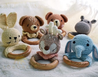 Personalized Baby Rattle-Sweet Animal Crochet Baby Rattles-Crochet Wooden Baby Rattle-Baby Shower Toy-Crochet Bunny/Bear Baby Toy-Baby Gifts