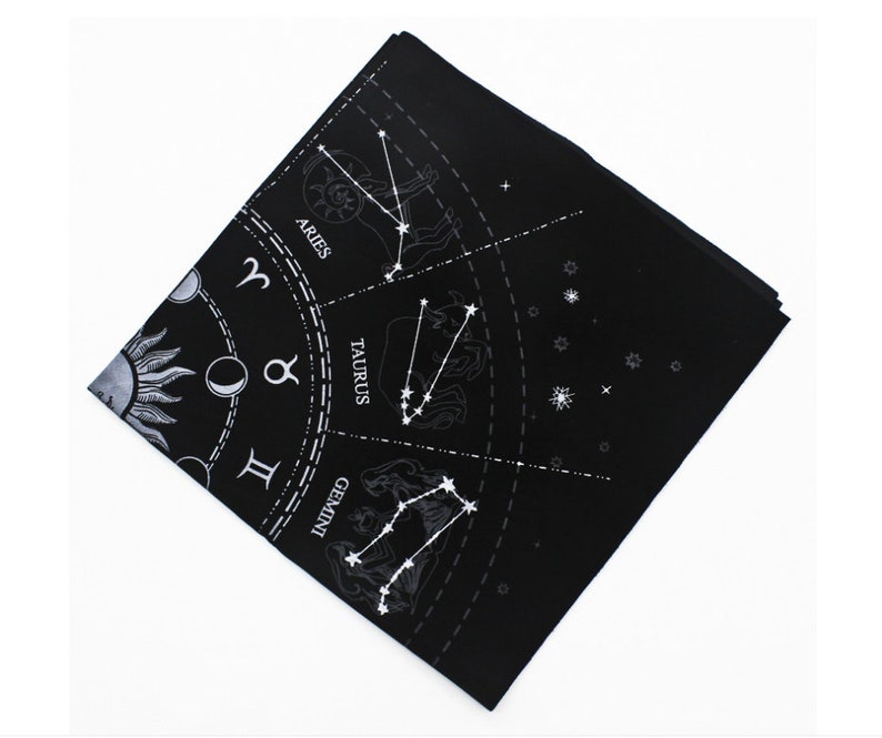 May include: Black fabric with a white zodiac wheel design. The wheel features the constellations for Aries, Taurus, and Gemini.