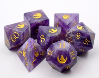 Moon Wolf Themed DnD D and D Dice Set-Natural Amethyst Gemstone Polyhedral Dice Set-Gem Dice DnD-Dungeons and Dragons-Gemstone RPG Dice