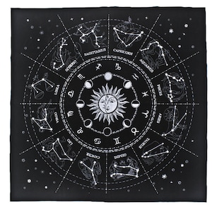 May include: Black tapestry with a white circle depicting the zodiac signs and the sun and moon. The signs are labeled with their names in white.