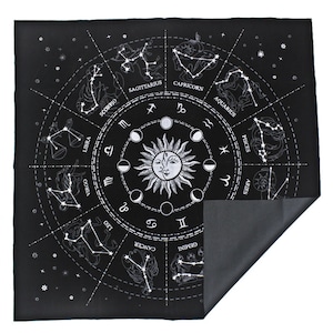 May include: Black tapestry with a white zodiac wheel featuring the constellations and symbols for each sign. The wheel is surrounded by a ring of white stars on a black background.