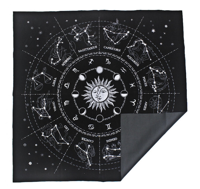 May include: Black tapestry with a white zodiac wheel featuring the constellations and symbols for each sign. The wheel is surrounded by a ring of white stars on a black background.