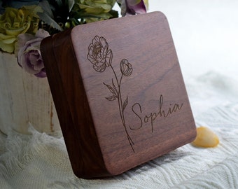 Solid Walnut Jewelry Box-Personalized Birth Flower Jewelry Box-Birth Month Jewelry Case-Custom Engraved Wooden Ring Box-Bridesmaid Gifts