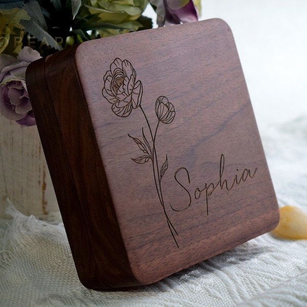 Solid Walnut Jewelry Box-Personalized Birth Flower Jewelry Box-Birth Month Jewelry Case-Custom Engraved Wooden Ring Box-Bridesmaid Gifts
