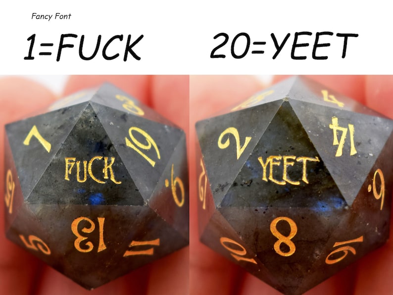 クリアランスセール - ダークラブラドライト F*CK YEET D20 ダイス 1 個 - クリティカル失敗ダイス - D20 ダイス - ダンジョンズ アンド ドラゴンズ - dnd ダイス - 刻印入り宝石 D20 画像 1