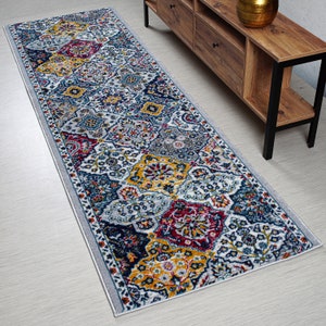 May include: A colorful runner rug with a geometric pattern in shades of blue, red, yellow, and white. The rug has a light gray border and is laid out on a light gray floor.