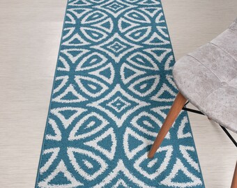 Blue Non-Slip Hallway Runner Rug – Washable Floor Mat for Kitchen, Bathroom, or Bedroom – 26 Inches Wide, Custom Length