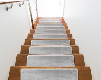 Machine Washable, Slip Skid Resistant Rubber Back Stair Tread Mats, 9 inch by 28 inch, Solid Light Grey