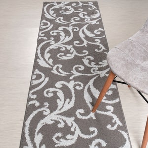 Custom Length Floral Runner Rug: Non-Slip, Washable, Grey, 26&quot; Wide