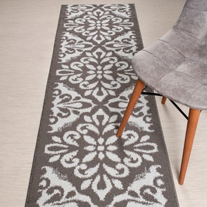 Custom Length Non-Slip Runner Rug: Mahal Grey, Washable 26-Inch Wide