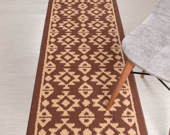 Custom Length Non-Slip Washable Runner Rug for Bathroom Kitchen Bed Room Hallway, 26 Inch Wide X Your Choice of Length, Southwestern Brown