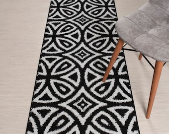 Custom Length Black Diamond Runner Rug: Non-Slip Washable 26" Wide