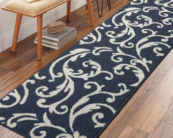 Hallway Runner Rug Non-Slip Rubber Backing, Scroll Blue, Heavy Duty Berber Style Carpet Runner for Entryway, Kitchen (6ft, 8ft,10ft,12ft)