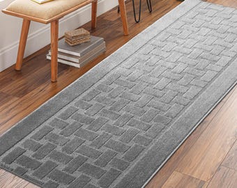Non-Slip Grey Hallway Kitchen Runner Rug, Washable Carpet - Rubber Backed, Custom Size Floor Mat for Entryway Stairs Bedroom Bathroom