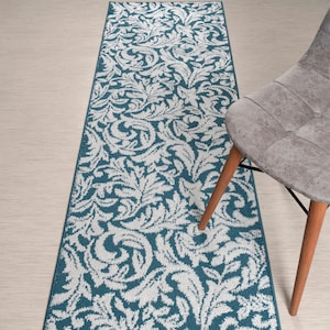 Custom Length Non-Slip Washable Runner Rug for Bathroom Kitchen Bed Room Hallway, 26 Inch Wide X Your Choice of Length, Leaves Blue