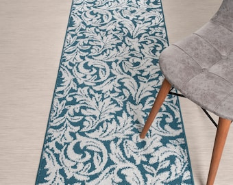 Blue & Silver Non-Slip Hallway Runner Rug – Washable Floor Mat for Kitchen, Bathroom, or Bedroom – 26 Inches Wide, Custom Length