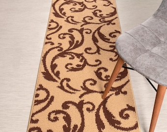 Custom Length Non-Slip Washable Runner Rug Mat for Bathroom Kitchen Bed Room Hallway, 26 Inch Wide X Your Choice of Length, Floral Beige