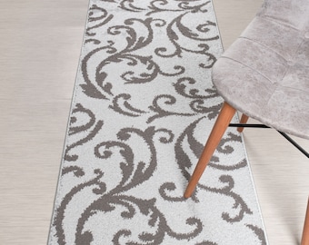 Custom Length Non-Slip Washable Runner Rug Mat for Bathroom Kitchen Bed Room Hallway, 26 Inch Wide X Your Choice of Length, Floral Silver