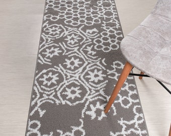 Custom Length Non-Slip Washable Runner Rug for Bathroom Kitchen Bed Room Hallway, 26 Inch Wide X Your Choice of Length, Abstract Grey