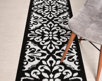 Non-slip Washable Black & Silver Hallway Carpet Runner Rug for Kitchen, Bedroom, Bathroom, Entryway, Stairs - 26 Inch Wide X Custom Size