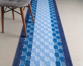 Blue Non-Slip Hallway Runner Rug – Washable Floor Mat for Kitchen, Bathroom, or Bedroom – 26 Inches Wide, Custom Length