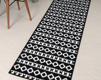 Black - White Non Slip Kitchen Hallway Runner Rug, 26 Inch Wide, Custom Length Floor Mat, Machine Washable