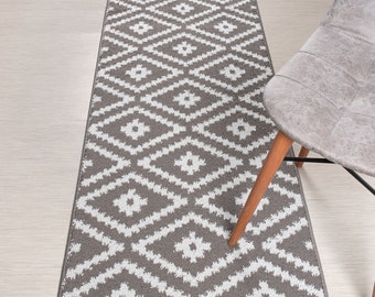 Non Slip Washable Gray Runner Rug 26 Inch Wide – Custom Length - Gray & Silver - Bohemian Hallway Carpet Runner, Kitchen Floor Mat