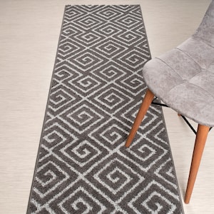 Custom Length Non-Slip Runner Rug: Greek Key Grey, Washable