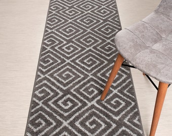 Custom Length Non-Slip Runner Rug: Greek Key Grey, Washable