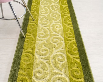 Narrow Slim Width Carpet Runner Rug, Non-Slip, Washable,26 Inch Wide X Your Choice of Length, Sold Per Foot, Vintage Green Scroll Pattern