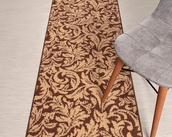 Custom Length Brown Leaves Runner Rug: Non-Slip Washable 26" Wide