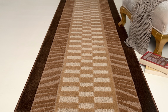 Custom Length Hallway Runner Rug, Slip Resistant, 26 Inch Wide X Your Choice of Length, Sold and Priced Per Foot, Brown & Beige