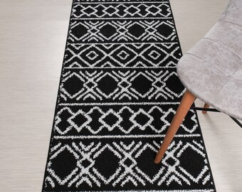 Custom Length Southwest Runner Rug: Black & Silver, Non-Slip, Washable
