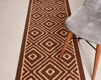 Custom Length Brown Geo Runner Rug: Non-Slip Washable Hallway Rug