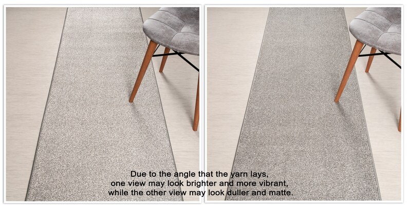 May include: Two images of a gray runner rug with a subtle texture. The rug is photographed with a wooden chair in the background. Due to the angle that the yarn lays, one view may look brighter and more vibrant, while the other view may look duller and matte.