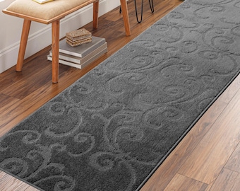 Dark Grey Non Slip Washable Carpet Runner Rug with Rubber Backing, Custom Floor Mat for Kitchen Hallway Stairs Bedroom Bathroom Entryway