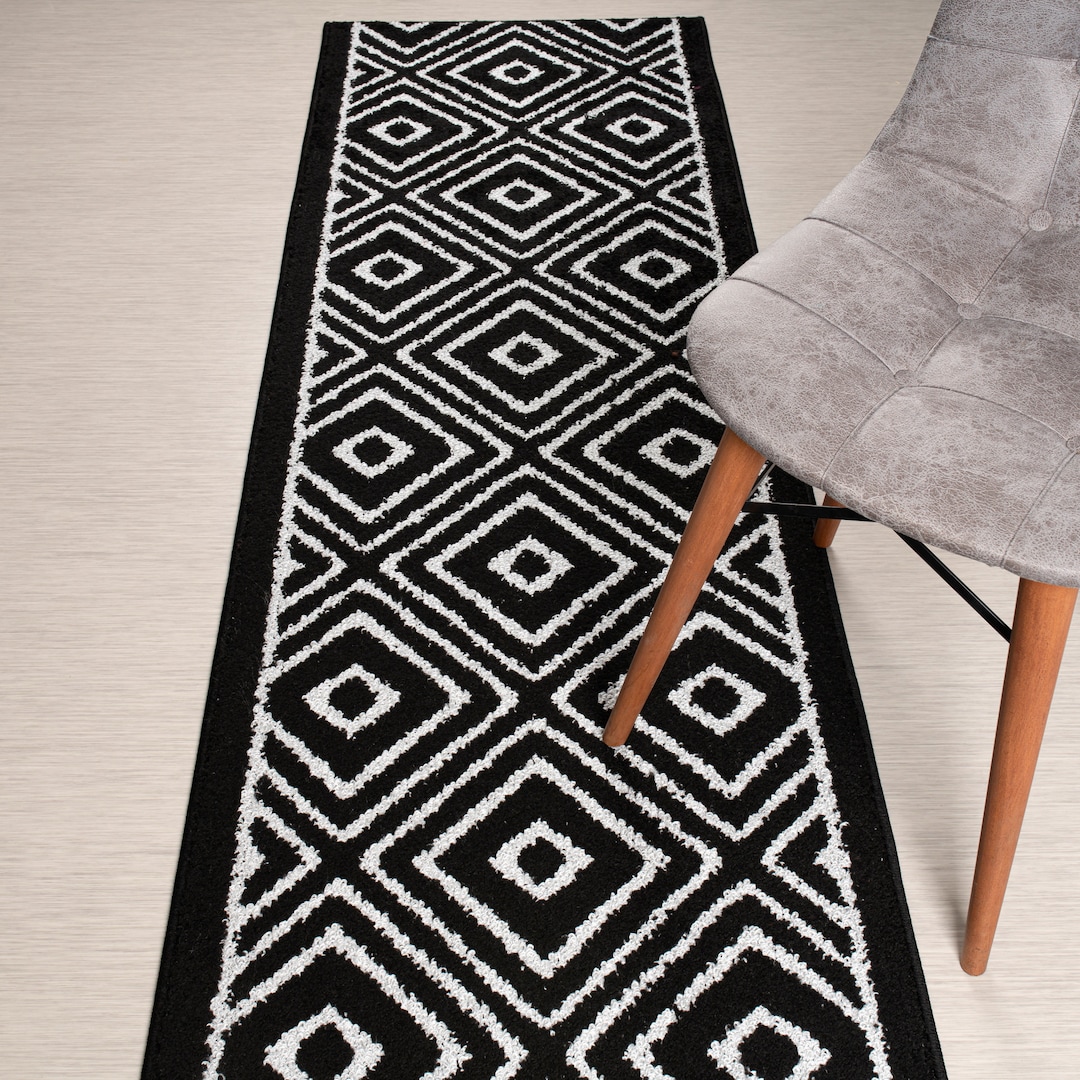 Silver Runner Rug Custom Length Geo Black & Silver Runner Rug: Non-slip, Washable - Etsy