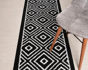 Custom Length Geo Black & Silver Runner Rug: Non-Slip, Washable