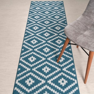 Custom Length Non-Slip Washable Runner Rug for Bathroom Kitchen Bed Room Hallway, 26 Inch Wide X Your Choice of Length, Kilim Blue
