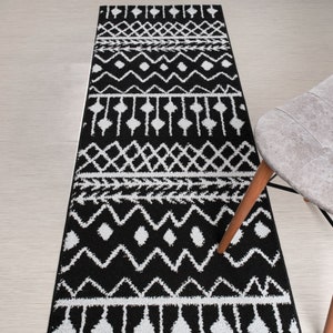 Custom Length Moroccan Runner Rug: Black & Silver, Non-Slip, Washable