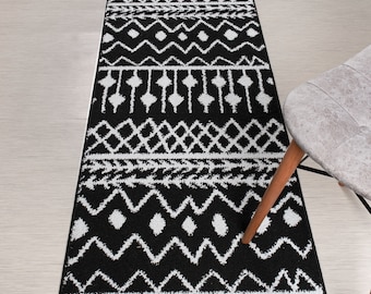 Boho Runner Rug Custom Size, Black & Silver Washable Non Slip Carpet, 26 Inch Wide Custom Length