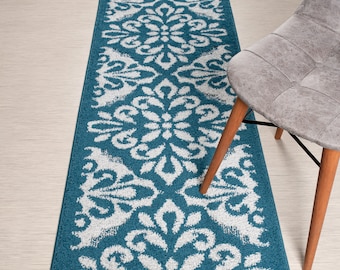 Blue Non-Slip Hallway Runner Rug – Washable Floor Mat for Kitchen, Bathroom, or Bedroom – 26 Inches Wide, Custom Length