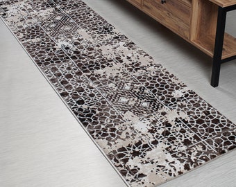 Distressed Bohemian Abstract Carpet Runner Rug, Brown, Extra thick, Many Sizes Available