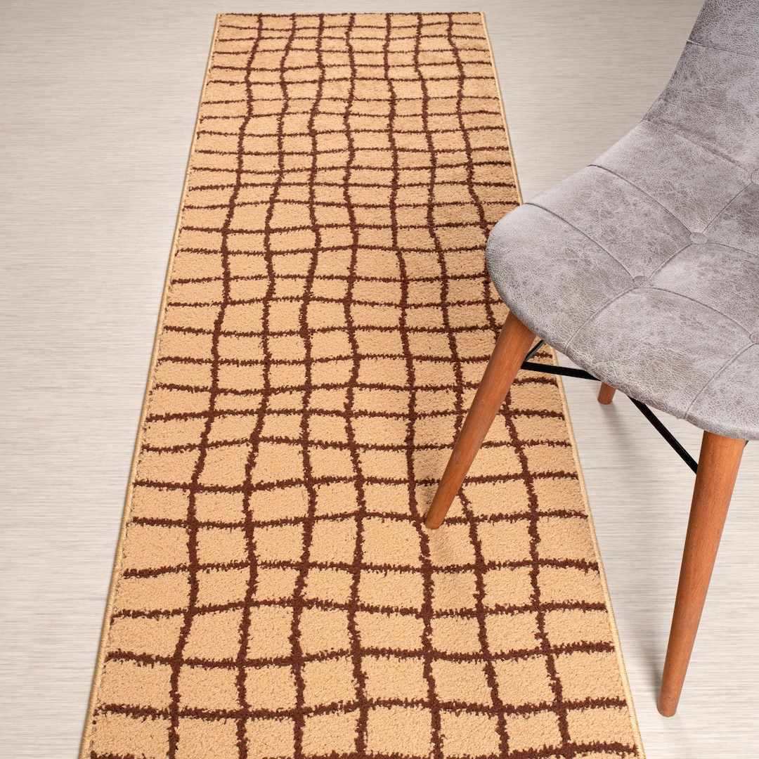 Beige Textured Runner Rug Custom Length Beige Striped Runner Rug: Non-slip, Washable, 26