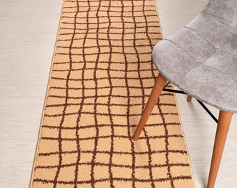 Custom Length Beige Striped Runner Rug: Non-Slip, Washable, 26" Wide