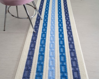 Custom Length Non-Slip Runner Rug Mat for Bathroom Kitchen Entry Hallway, 26 inch Wide X Your Choice of Length,White & Blue,Nautical Style