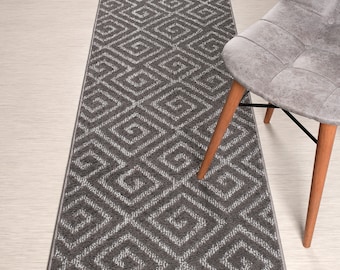 Custom Length Grey Squares Runner Rug: Non-Slip, Washable, 26" Wide